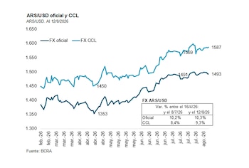 Gráfico de líneas 'ARS/USD oficial y CCL' muestra dos curvas de tipo de cambio. Ejes de tiempo y valores. Tabla 'FX ARS/USD Var. %' y fuente BCRA