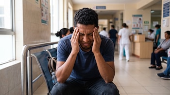 Un hombre sentado en una banca metálica sostiene sus sienes con los ojos cerrados en el pasillo de un hospital iluminado.