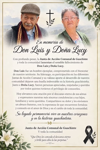 La Junta de Acción Comunal de Guachinte compartió un sentido mensaje de condolencia para recordar a don Luis y doña Lucy - crédito red social Facebook