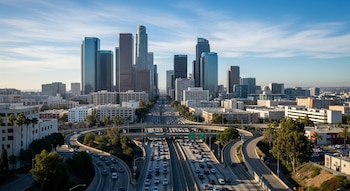 Una vista panorámica del centro de Los Ángeles con numerosos rascacielos y un complejo entramado de autopistas debajo, bajo un cielo azul claro.