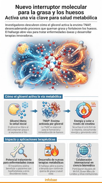Infografía científica que muestra una molécula central, huesos y células de grasa con flujos de energía azules y naranjas. Abajo, un diagrama de pasos y tres íconos.