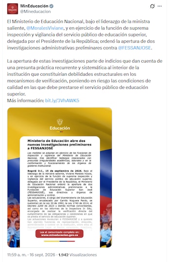 El Ministerio de Educación revisa posibles inconsistencias en la expedición de títulos y en la información reportada al SNIES por FESSANJOSÉ - crédito @Mineducacion/X