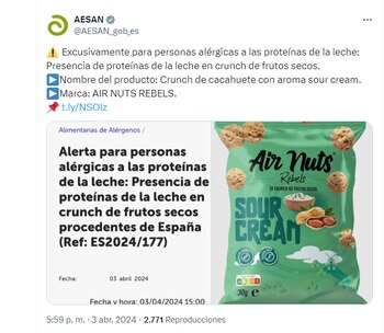 Advertencia AESAN (Captura de X)