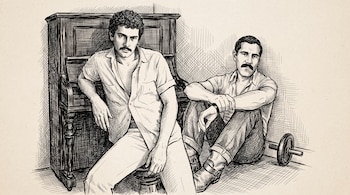 Ilustración a pluma de dos hombres con bigote; uno sentado en un banco junto a un piano y el otro en el suelo, apoyado en la pared, con una pesa.