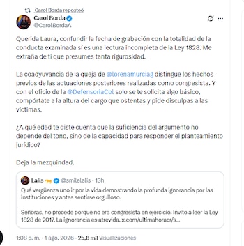 La congresista Carol Borda contradijo a Laura Beltrán y la señaló de no ser rigurosa ante la interpretación de la normativa - crédito @CarolBordaA/X