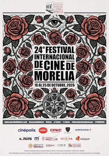 Ilustración con rosas rojas, un ojo, una bobina de cine y el texto del 24 Festival Internacional de Cine de Morelia