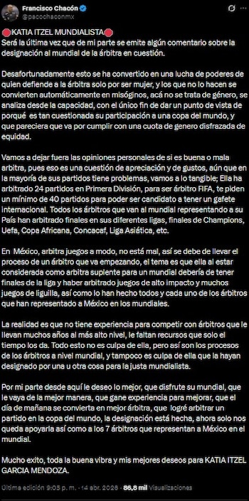 Comunicado de prensa de Paco Chacón sobre polémica de Katia Itzel.
