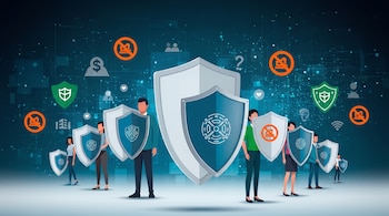 Varias personas sostienen escudos de seguridad de diferentes tamaños frente a un fondo de red digital con múltiples íconos de seguridad, dinero y usuarios.