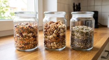 Tres frascos de vidrio transparentes contienen legumbres, frutos secos surtidos y una mezcla de semillas, sobre una encimera de madera.
