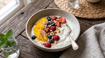 Cuenco con yogur blanco, trozos de mango, frambuesas, arándanos, fresas, semillas y cacahuates sobre una mesa de madera.