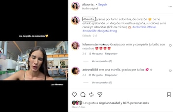 La modela española grabó el video desde el aeropuerto El Dorado, de Bogotá - crédito @albaorta_/IG
