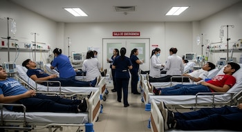 Sala de emergencia con varios jóvenes recostados en camillas, personal médico atendiéndolos, equipos de monitoreo y sueros intravenosos.