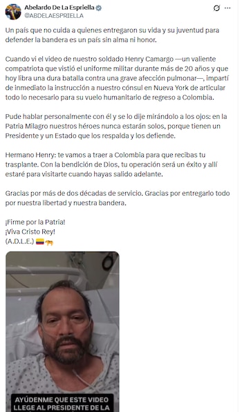 Así fue el anuncio del Presidente de la República, Abelardo de la Espriella, sobre la indicación de regresar a Colombia al soldado Henry Camargo - crédito @ABDELAESPRIELLA/X