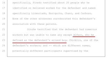 Fragmento de la audiencia en la que se menciona a Alfaro como presunto mensajero de 'El Tío'. (Corte del Distrito de Columbia)