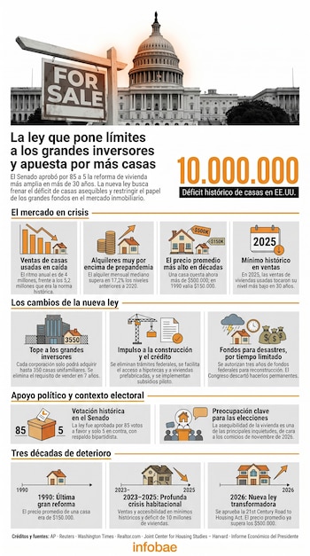 Se muestra un letrero 'For Sale' y el Capitolio de Estados Unidos, una infografía con gráficos, datos y texto sobre la crisis de vivienda. Incluye logotipo.