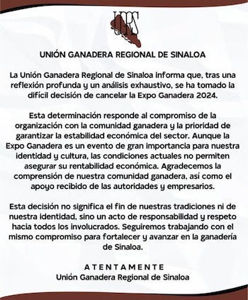 La Unión Ganadera Regional de Sinaloa canceló la Expo Ganadera 2024 que iniciaría el próximo jueves. (UGRS)