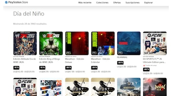 Captura de la web de PlayStation Store: título "Día del Niño", varias portadas de videojuegos en oferta con descuentos y precios visibles