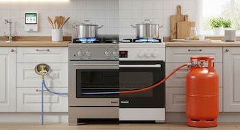 Imagen dividida que muestra una cocina moderna con gas natural a la izquierda y una estufa con un balón de gas naranja a la derecha.