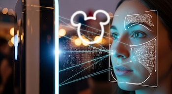 Primer plano de una persona escaneando su rostro en un dispositivo con líneas y datos digitales, con el icono de Mickey Mouse y luces difusas de fondo.