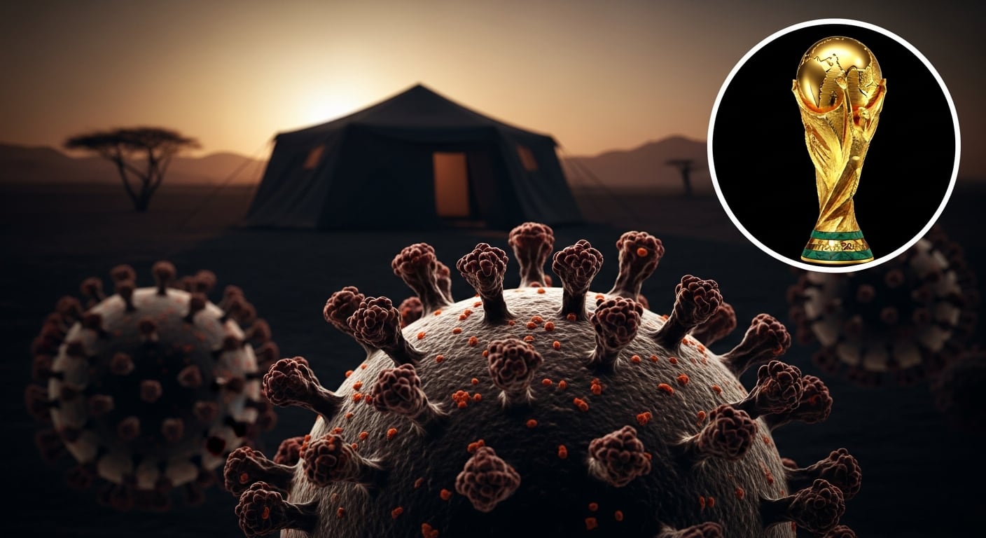 La imagen representa el virus del Ébola en primer plano frente a un campamento al atardecer, junto a la Copa del Mundo 2026, destacando los desafíos de salud pública en eventos masivos internacionales. (Imagen Ilustrativa Infobae)