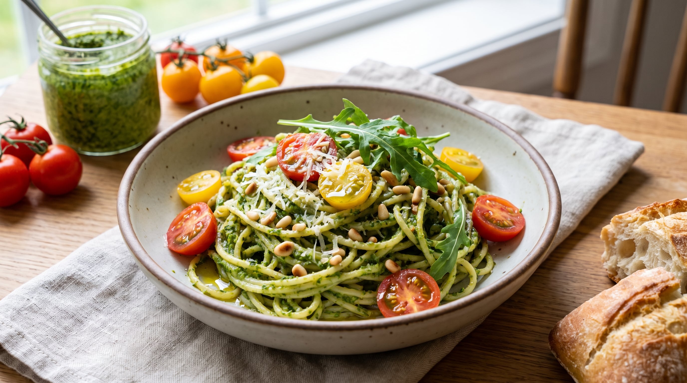 Receta de pesto de rúcula y tomates cherry, rápida y fácil