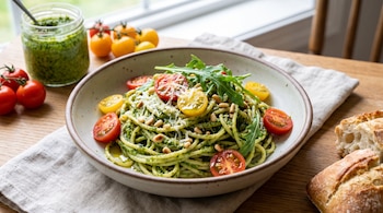 Un plato de pasta con pesto verde, tomates cherry rojos y amarillos cortados, hojas de rúcula, piñones y queso rallado. Un frasco de pesto y pan.