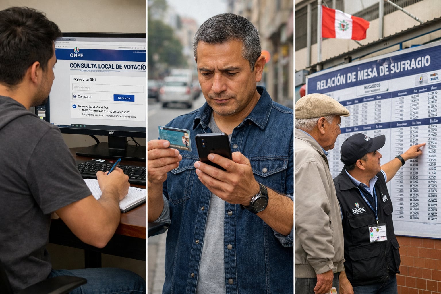 Ciudadanos peruanos consultan sus locales de votación en diversas plataformas, desde la web en casa hasta asistencia de personal ONPE en centros electorales, demostrando preparación para el sufragio. (Imagen Ilustrativa Infobae)