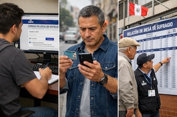 Imagen tripartita: Un joven en PC, un hombre con DNI y celular, y un anciano asistido por personal de la ONPE revisan información electoral en Perú.