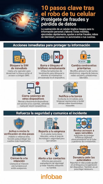 Infografía que muestra 10 pasos ilustrados con iconos para proteger información tras un robo de celular, incluyendo bloquear SIM, borrar datos, cambiar contraseñas y denunciar.