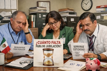 Tres burócratas mexicanos en un escritorio con documentos de pensión. Hay una bandera de México, un cartel "¿Cuánto falta para mi jubilación?" con un reloj de arena.