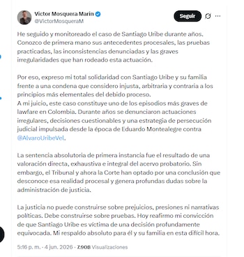 El abogado Víctor Mosquera Marín aseguró que Santiago Uribe fue condenado injustamente - crédito @VictorMosqueraM/X