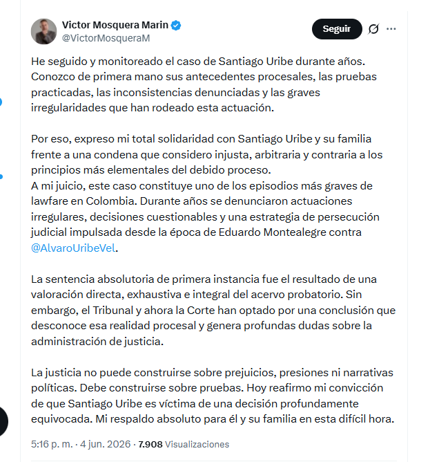 El abogado Víctor Mosquera Marín aseguró que Santiago Uribe fue condenado injustamente - crédito @VictorMosqueraM/X