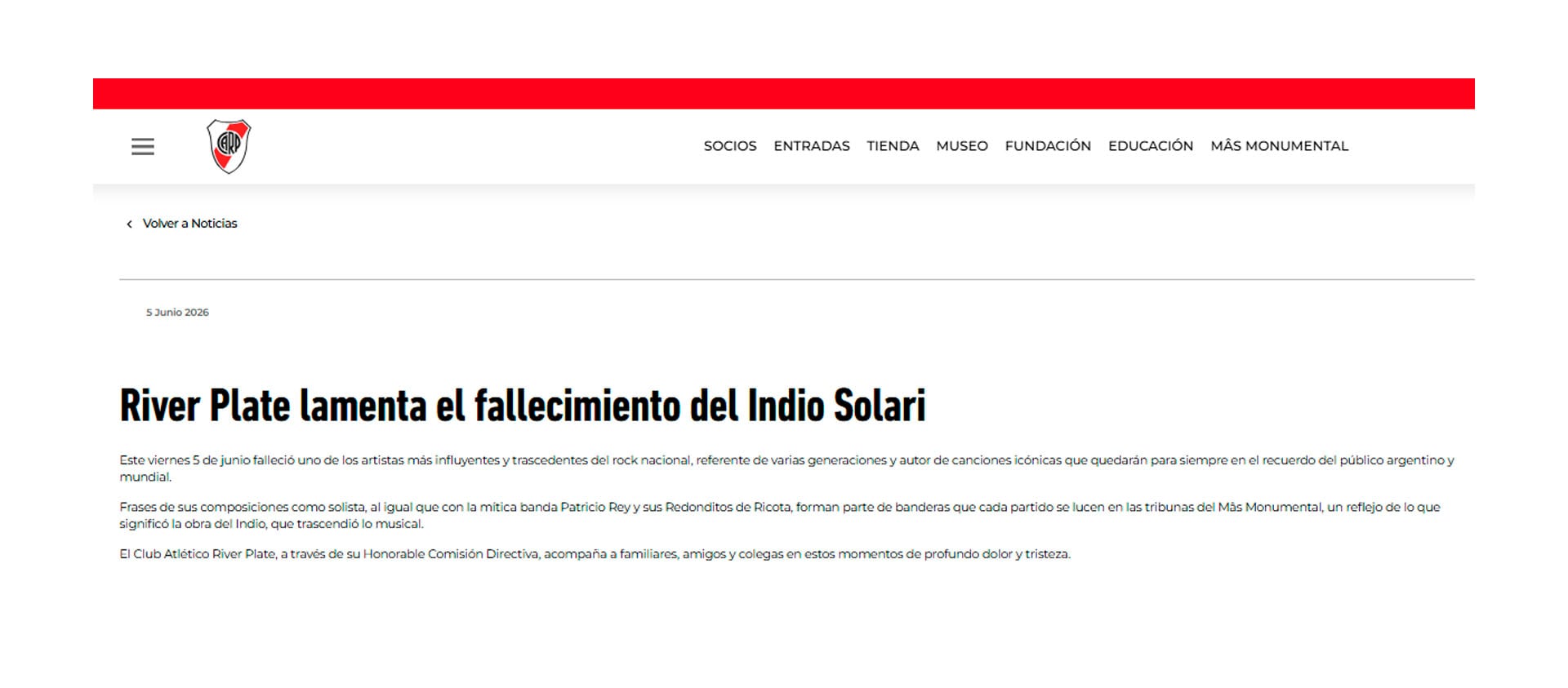 El comunicado del club de Núñez ante el fallecimiento del icónico músico