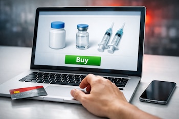 Portátil abierto en mesa. Pantalla con frasco, vial, dos jeringas y botón de 'Buy'. Mano sobre teclado, tarjeta de crédito roja, teléfono móvil negro.