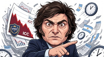 Caricatura de Javier Milei con cabello desordenado, patillas y expresión enojada, señalando. Detrás, papeles con gráficos descendentes ICC, escudo UTDT, boletas y relojes.