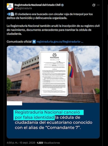 La Resolución 10481 de 2026 también anuló la inscripción del registro civil de nacimiento que permitió expedir la cédula de ciudadanía de Rodríguez Vargas - crédito @Registraduria / X