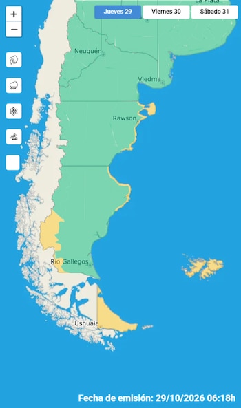 Mapa del sur de Argentina con áreas coloreadas en verde y amarillo, botones interactivos y fecha de emisión