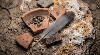 Una pluma gris y semillas sobre fragmentos de cerámica terracota y una piedra porosa sobre tierra agrietada.
