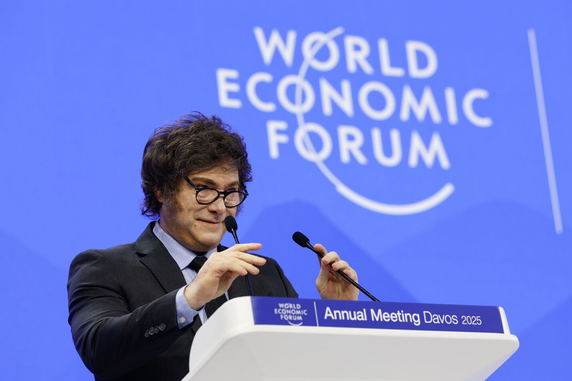 El presidente Javier Milei diserta en el Foro de Davos (Stefan Wermuth/Bloomberg)