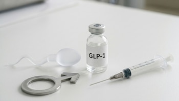 En una superficie blanca, un vial de GLP-1, una jeringa hipodérmica, un símbolo masculino de metal y un modelo de espermatozoide translúcido