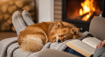 Primer plano de un perrito marrón rojizo durmiendo sobre una manta gris, con los pies de una persona visibles al fondo, y una chimenea encendida.
