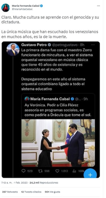 María Fernanda Cabal critica a la primera dama, Verónica Alcocer, por su visita a Venezuela