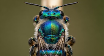 Primer plano hiperrealista de una abeja iridiscente. Su exoesqueleto pasa de azul a verde cobrizo con microtexturas visibles, dividido por un efecto de humedad. Fondo desenfocado.
