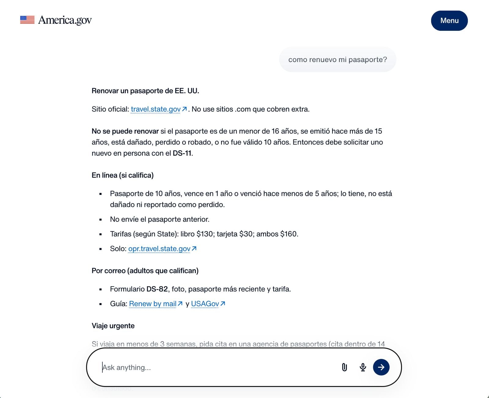 Una consulta sobre renovación de pasaporte en America.gov muestra los requisitos, tarifas y enlaces del Departamento de Estado. (America.go)