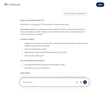 Captura de pantalla del portal America.gov con una consulta en un chat y respuestas de texto sobre el cambio de dirección postal