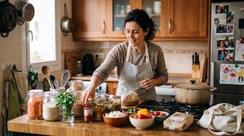Una mujer con delantal de rayas toma un frasco de especias sobre una mesa con frascos de granos y recipientes con verduras.