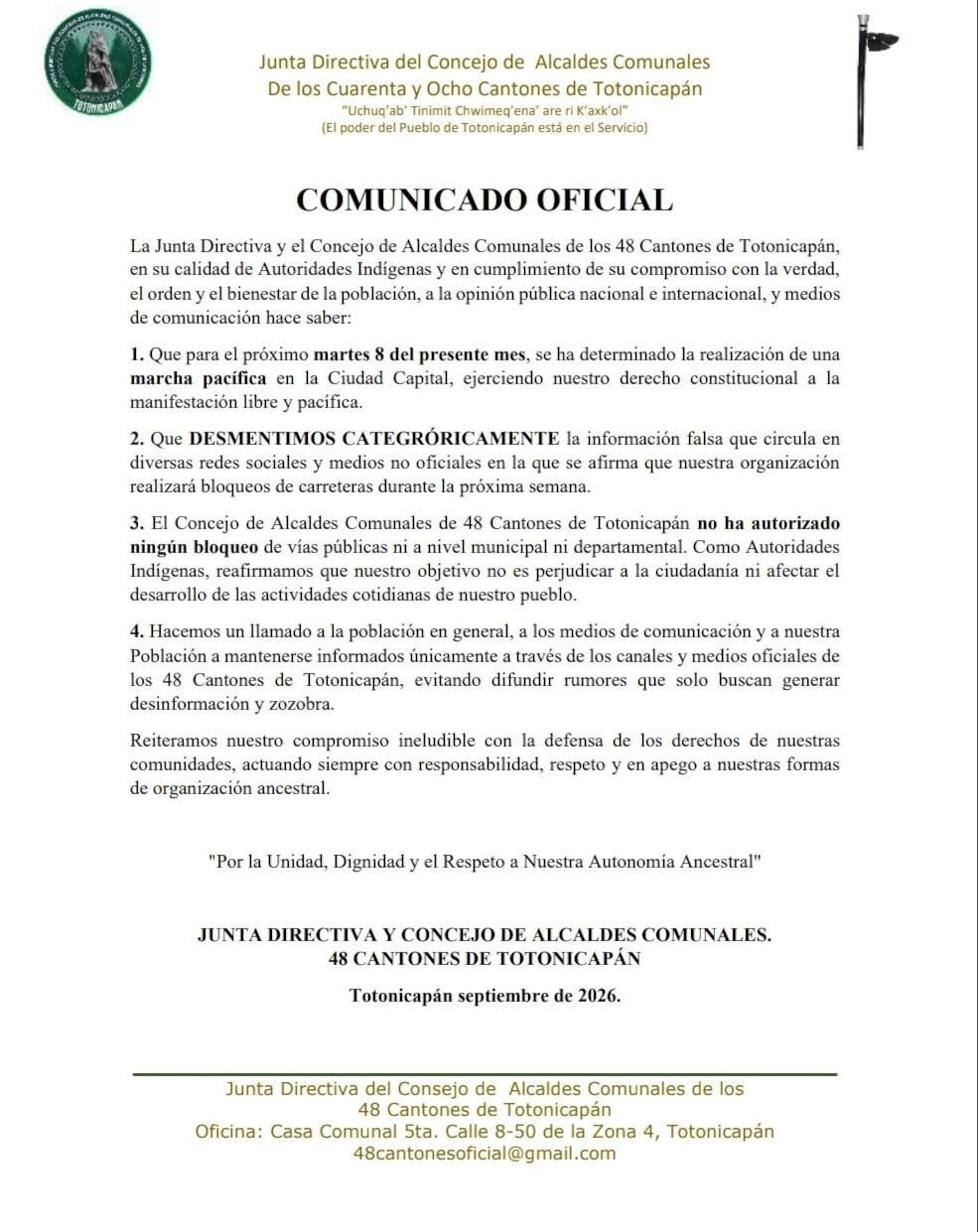 Un comunicado de los 48 Cantones de Totonicapán convoca a una marcha pacífica en la capital guatemalteca y desmiente rumores de bloqueos de carreteras. (48 cantones)