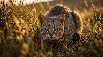 Un gato salvaje de pelaje moteado y ojos amarillos permanece agazapado entre hierbas iluminadas por el sol.