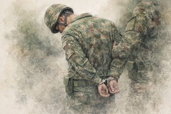Un militar con uniforme de camuflaje y casco permanece detenido con las manos esposadas a la espalda - crédito