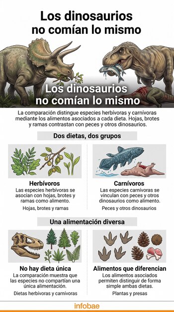 Ilustraciones de dinosaurios, hojas, peces, ramas, huesos y huellas con texto explicativo sobre dietas herbívoras y carnívoras.